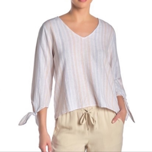Cloth & Stone Linen Tie Sleeve Stripe Blouse Top - Picture 1 of 5